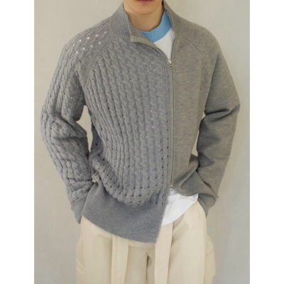 YOWSAH 23秋冬中性羊毛马海毛混纺拼接开衫针织衣毛衣 浅灰色