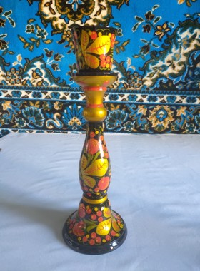 漆器俄罗斯草莓花喜气蜡烛台纯手工汇画高30厘米