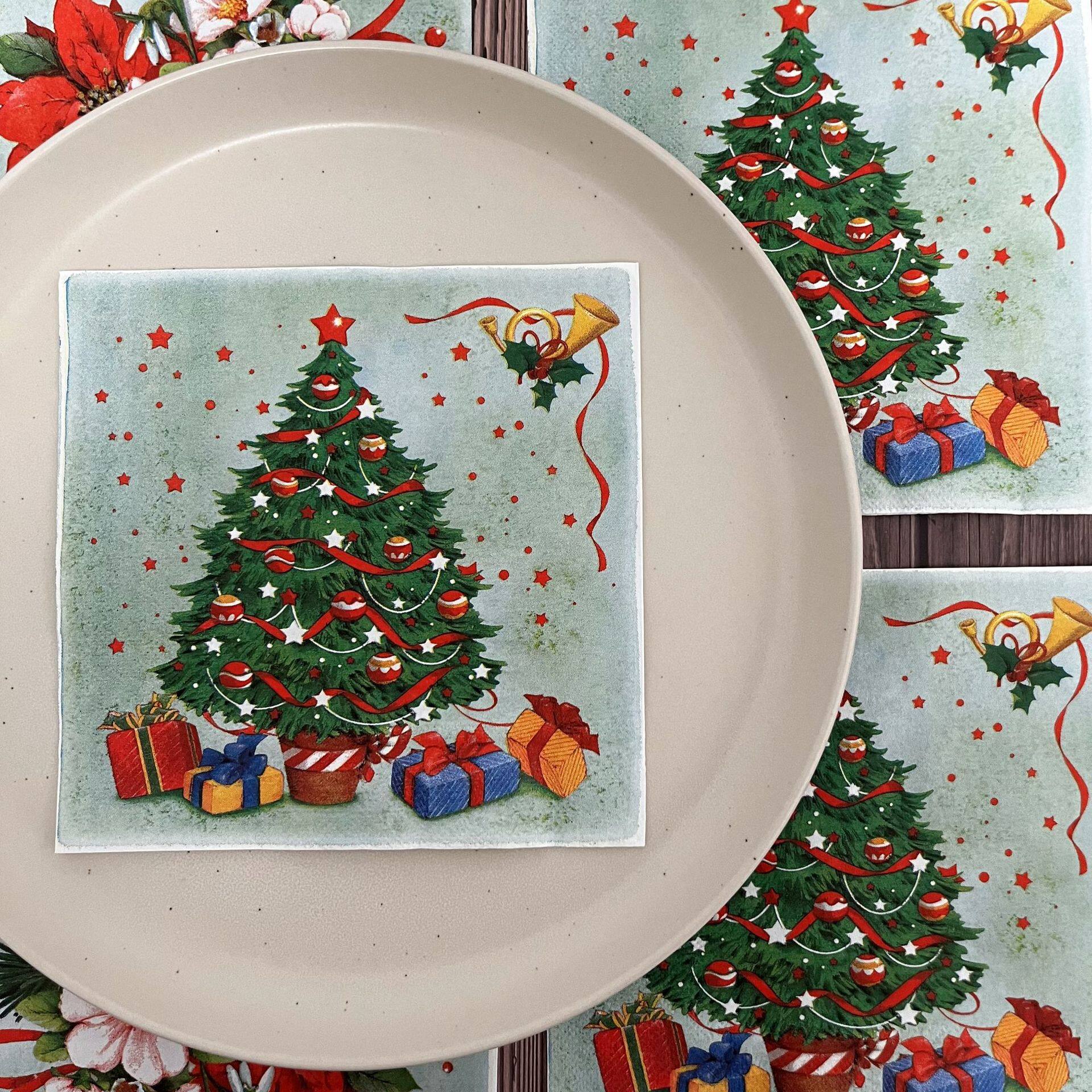圣诞树印花餐巾纸圣诞花环纸巾派对宴会装饰木浆纸巾彩色纸巾20张