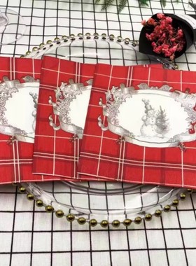 PomParty圣诞红色格子餐巾纸雪人图案面巾纸20张圣诞派对装饰纸巾