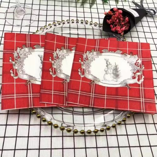 PomParty圣诞红色格子餐巾纸雪人图案面巾纸20张圣诞派对装饰纸巾