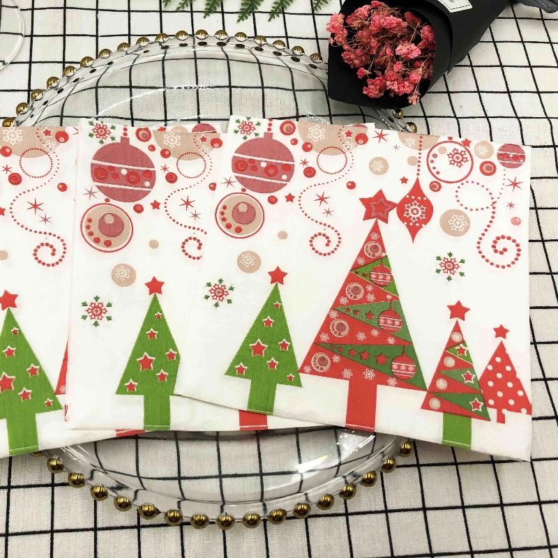 圣诞树印花餐巾纸红绿白色节日主题两层柔软家用纸巾一次性木浆纸