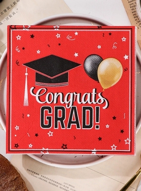 PomParty毕业庆祝餐巾纸红色博士帽气球图派对宴会装饰纸巾面巾纸