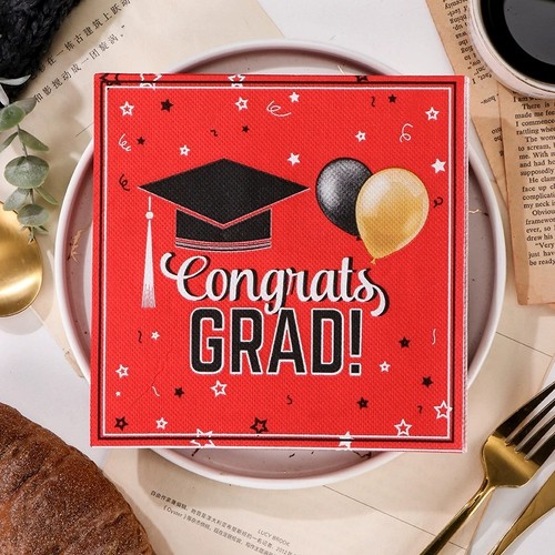 PomParty毕业庆祝餐巾纸红色博士帽气球图派对宴会装饰纸巾面巾纸