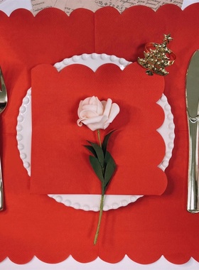 简约花边剪裁款彩色印花餐巾纸中式红色婚庆纸巾酒店装饰摆台16张