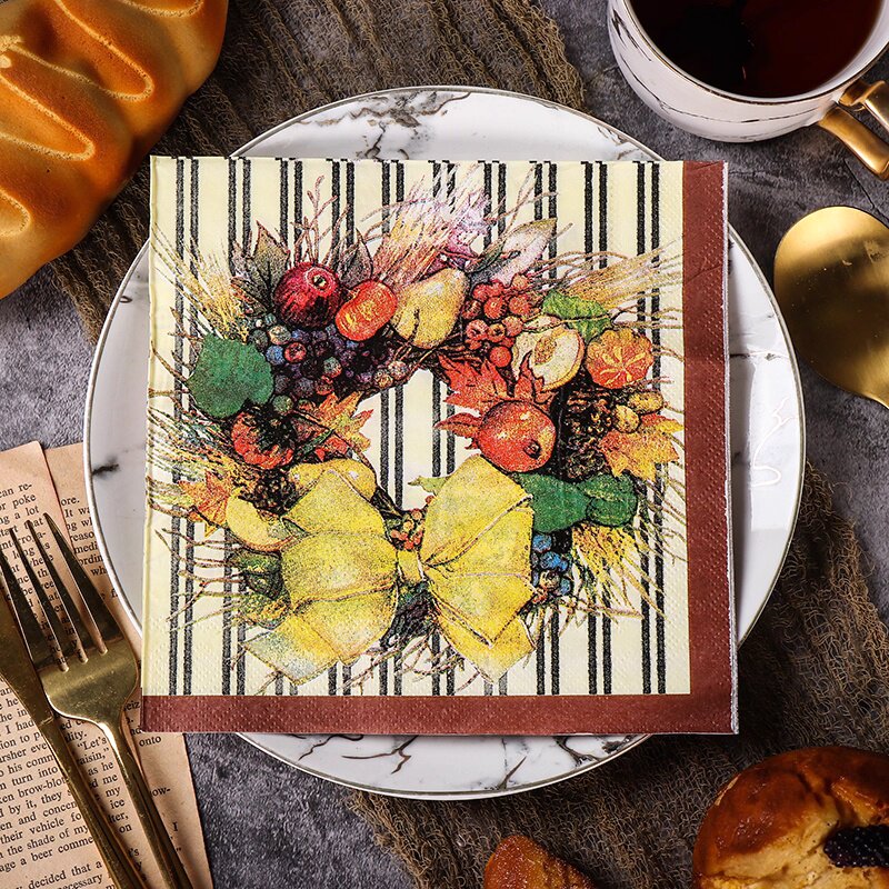 PomParty复古水果蝴蝶结餐巾纸2层20张圣诞花环图案纸巾面巾纸