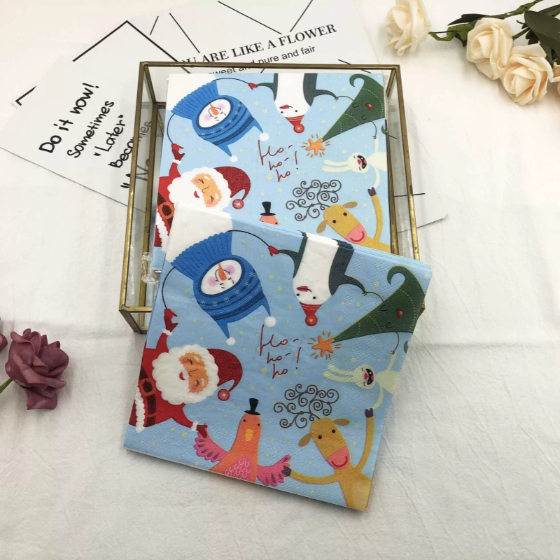 彩色印花餐巾纸圣诞卡通款西餐餐桌餐垫节日派对烘培折叠纸巾手帕