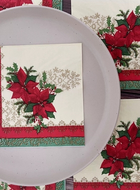 跨境圣诞节餐巾纸红色圣诞花朵印花纸巾一次性餐垫彩色印花餐巾纸