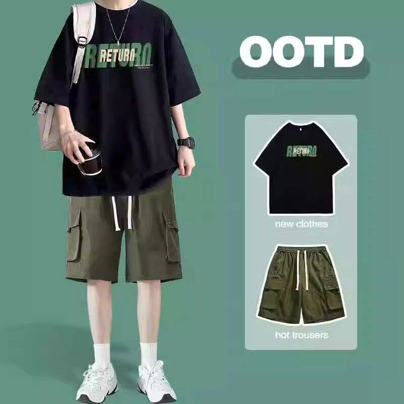 夏季T恤休闲套装纯棉半袖潮牌短裤两件套男美式短袖搭配男装一套