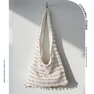 ITSOUMEI度假风针织托特包女白色流苏磁扣大容量百搭条纹单肩布包