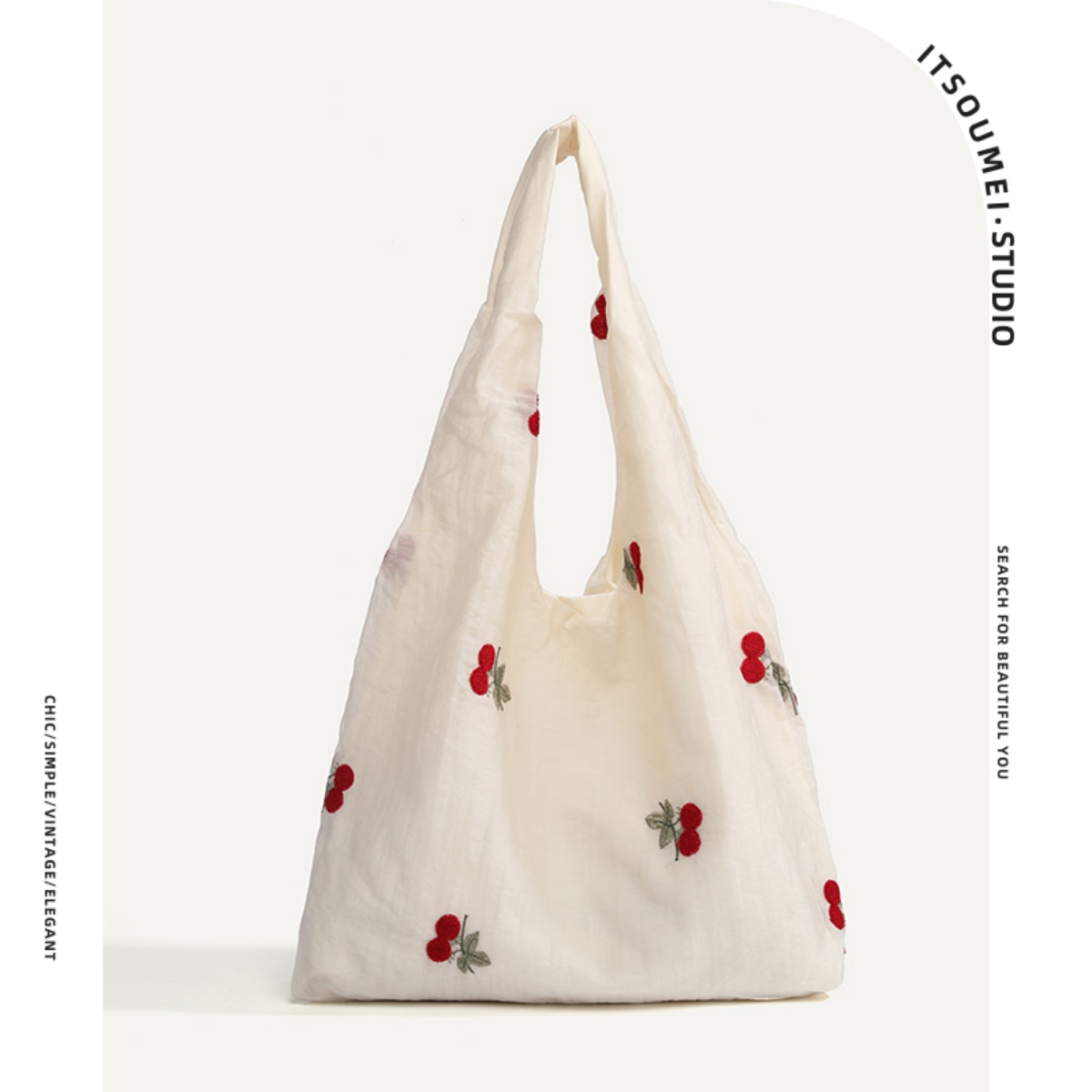 韩系简约樱桃刺绣帆布托特包