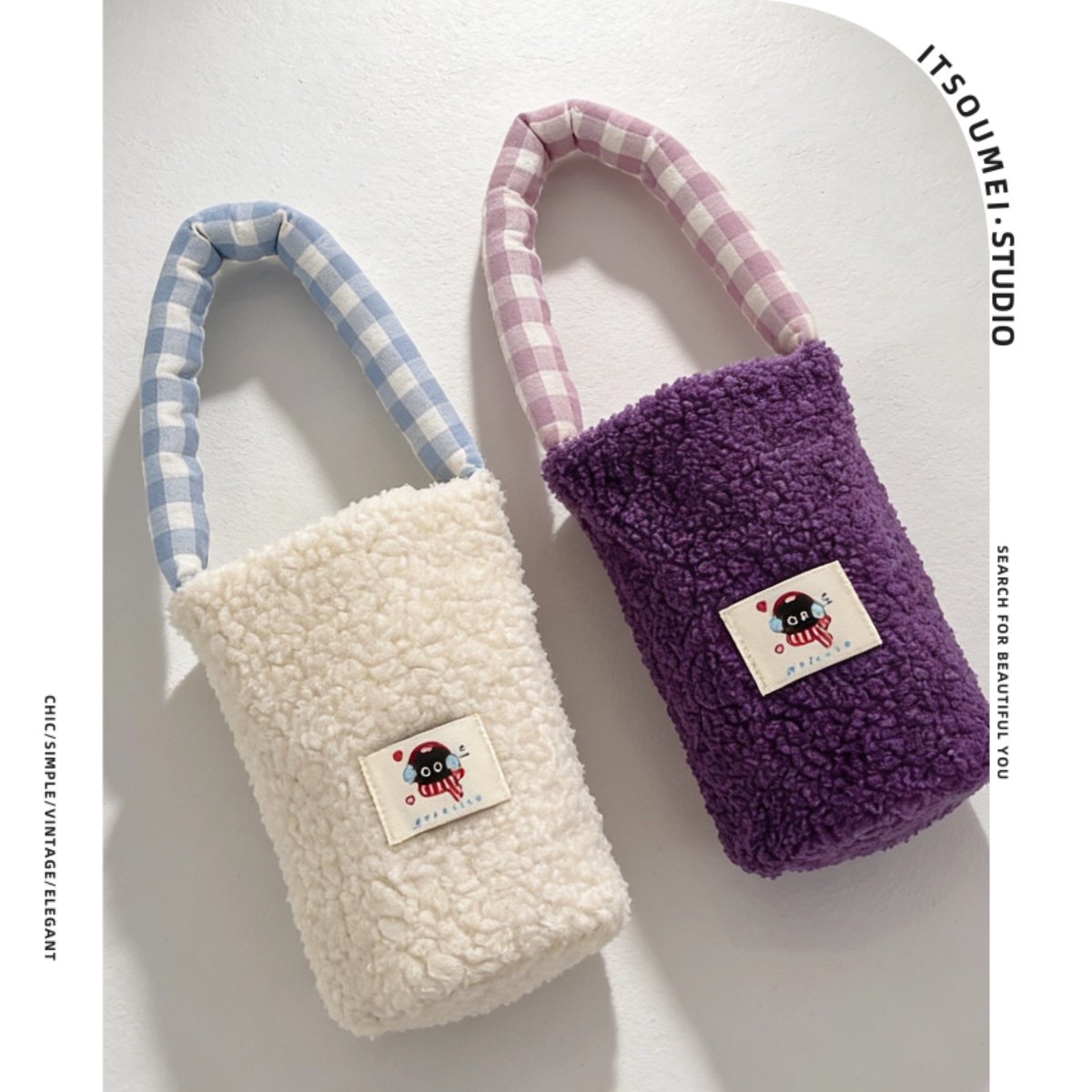 ITSOUMEI毛绒水桶包女2025冬季格子手提包可爱毛茸茸水杯袋奶茶包,箱包皮具/热销女包/男包,水桶包,淘宝优惠券,粉丝福利购,淘宝优惠卷