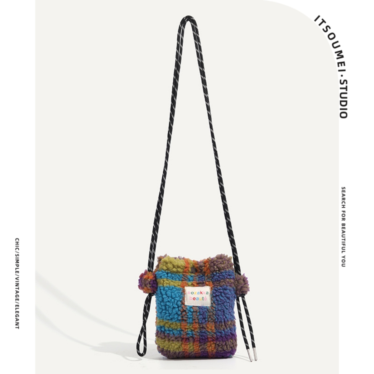 韩国ins风毛绒彩虹波点小包包