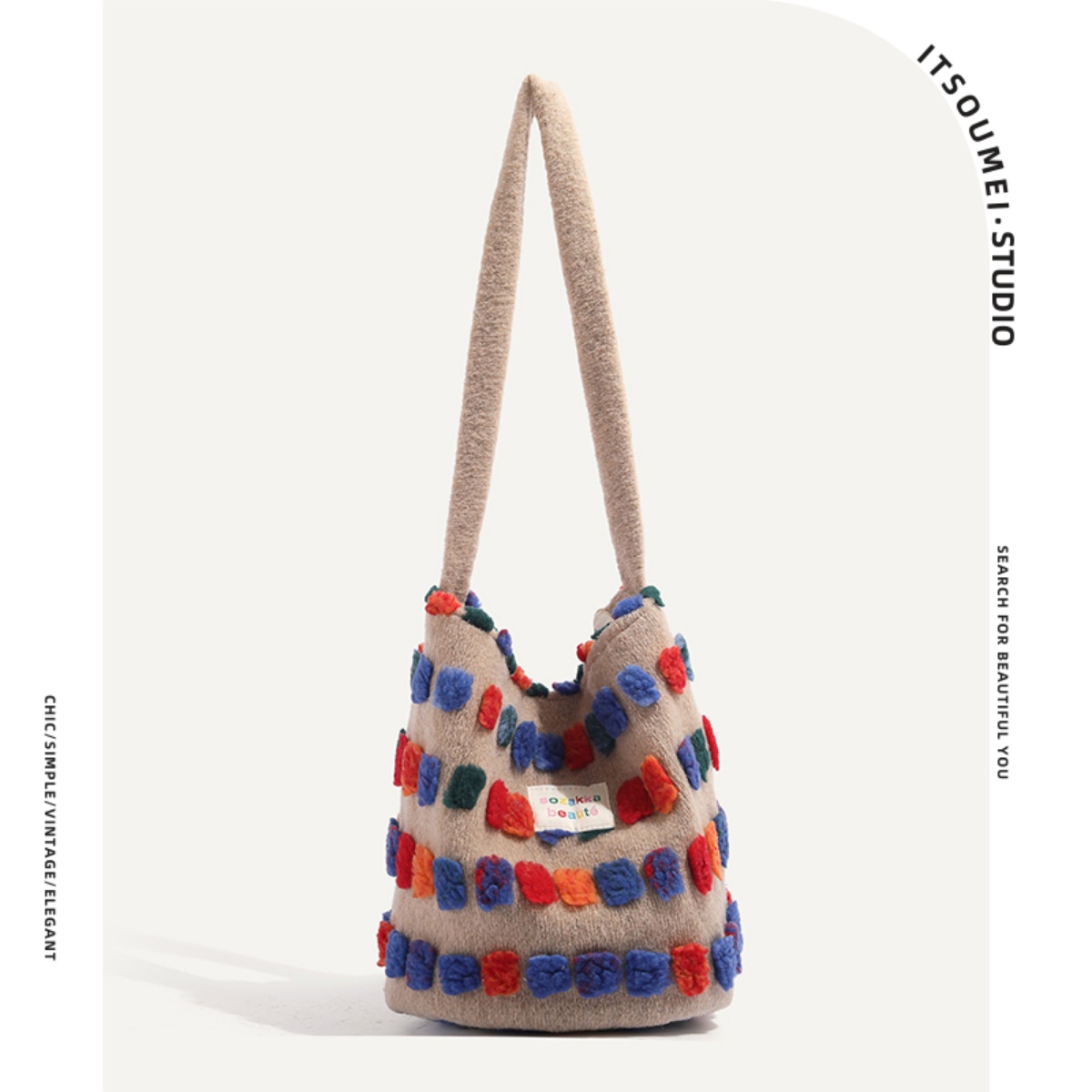 ITSOUMEI毛绒小众复古彩色圆点水桶包秋冬季百搭大容量单肩手提女