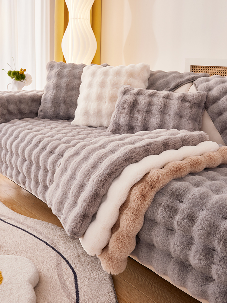 按摩兔毛绒沙发垫秋冬季新款加厚极速升温毛绒坐垫防滑皮沙发套罩