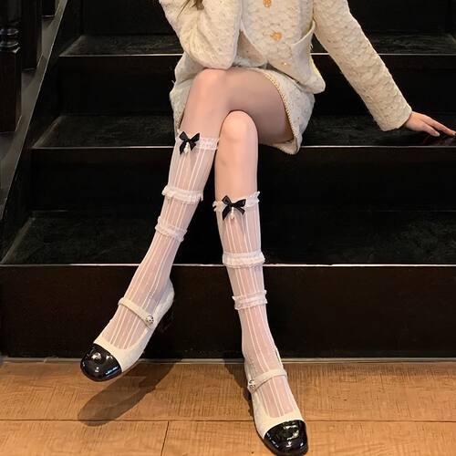 日系春夏薄款甜美蕾丝竖条蝴蝶结珍珠亮丝jk中筒小腿袜子女堆堆袜