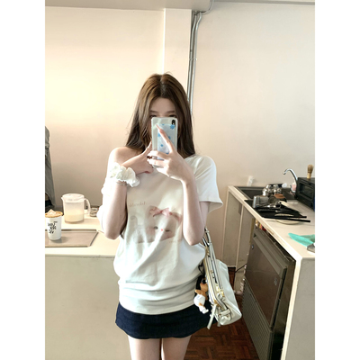 Lily Rosemary/天使猫Anglakatt 微弹棉感奶乖韩系斜肩短袖Tee