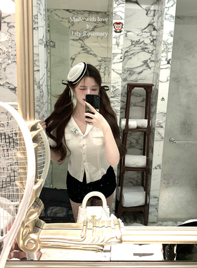 Lily Rosemary/ 甜心水手 棉麻修身收腰钻扣海军领衬衫上衣