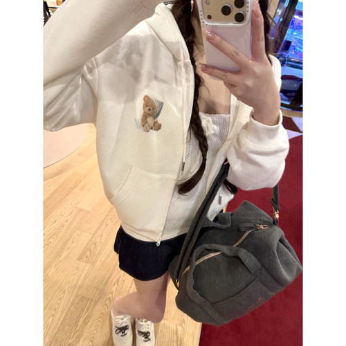 Lily Rosemary/ 晚安小熊 加绒棉纯白连帽短卫衣