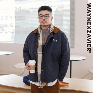 韦恩泽维尔大码 灯芯绒翻领绣花拉链棉服男8914 宽松加肥加大冬季