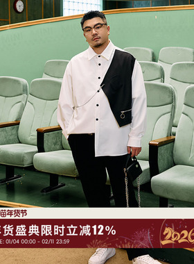 韦恩泽维尔加肥加大宽松大码男春翻领假两件撞色拼接长袖衬衫9287