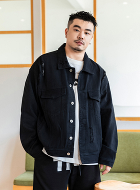 韦恩泽维尔潮牌大码日系工装外套男春季宽松黑色破洞休闲夹克8153