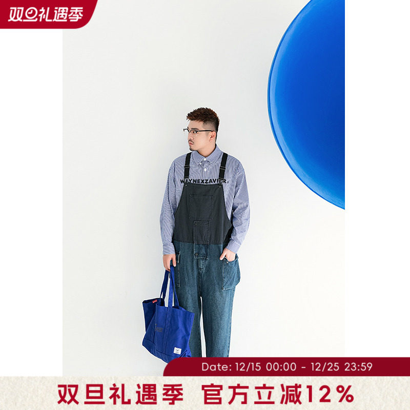 韦恩泽维尔加肥加大 街头宽松大码拼接撞色背带直筒长裤男6981