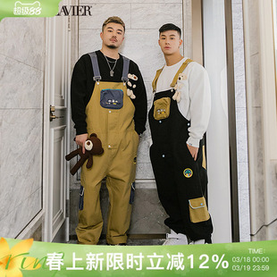 韦恩泽维尔加肥加大卡通休闲大码宽松撞色刺绣背带长裤男学生6718