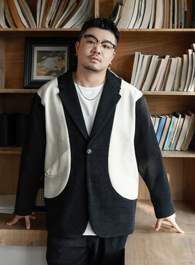韦恩泽维尔大码加肥加大宽松翻驳领灯芯绒撞色拼接西服西装男9062
