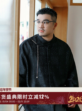 韦恩泽维尔大码轻奢黑色衬衫男长袖宽松痞帅暗纹蕾丝立领衬衣8946