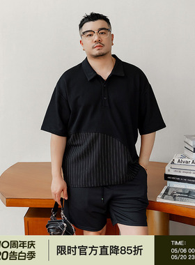 韦恩泽维尔加肥加大宽松大码男夏翻领不规则条纹拼接抗菌POLO9224