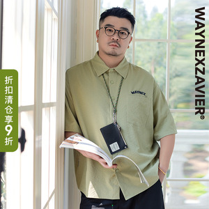 韦恩泽维尔宽松大码男夏翻领卡通印绣花泡泡纱工装短袖衬衫9117