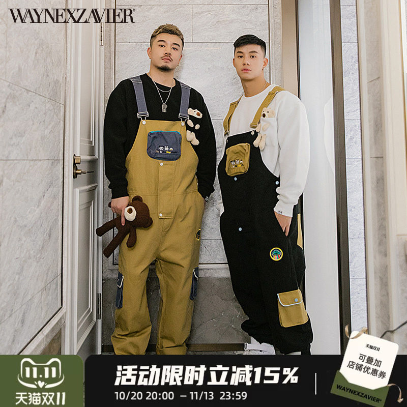 韦恩泽维尔加肥加大卡通休闲大码宽松撞色刺绣背带长裤男学生6718