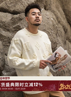 韦恩泽维尔大码慵懒加厚毛衣男圆领潮立体花纹宽松打底针织衫8526