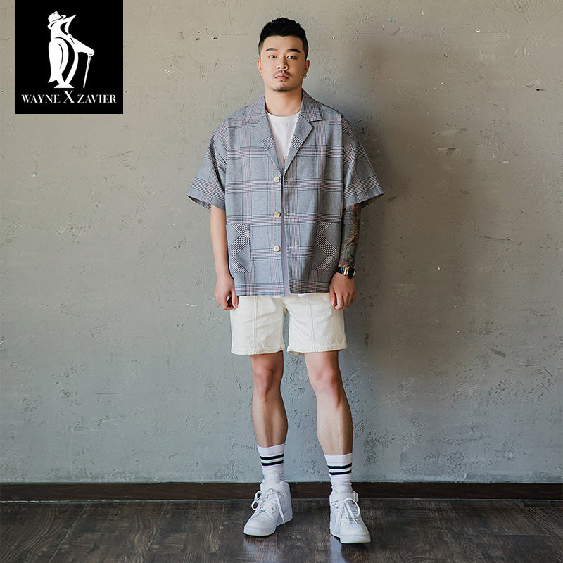 韦恩泽维尔大码千鸟格短袖西装外套男宽松商务休闲格纹西服6268