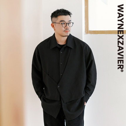 韦恩泽维尔大码假两件黑色衬衫男宽松高级设计感翻领长袖衬衣8739