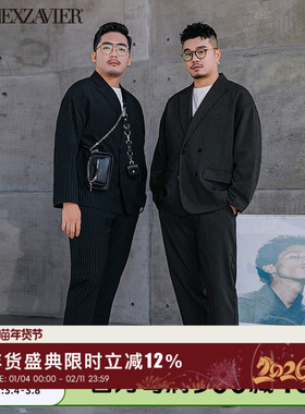 韦恩泽维尔加肥加大商务大码宽松慵懒风条纹西服西装套装男6857