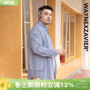 韦恩泽维尔潮牌大码 男加肥加大cityboy衬衣8211 日系蓝色条纹衬衫