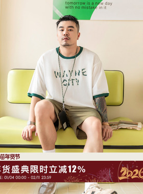 韦恩泽维尔潮牌大码重磅纯棉T恤男夏加肥加大宽松日系假两件8234