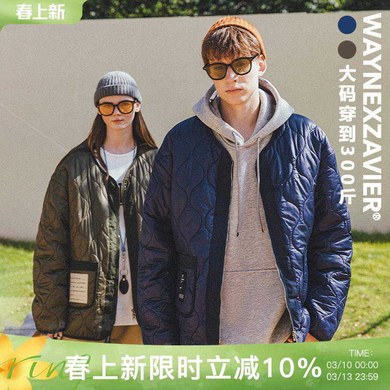 韦恩泽维尔大码加肥加大菱形格棉衣男冬季宽松无领短款厚外套7863