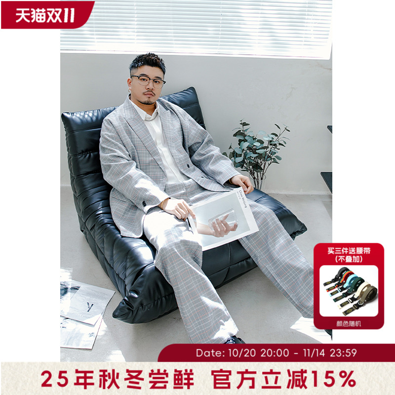 韦恩泽维尔加肥加大码单西外套千鸟格宽松男西服休闲西装套装7672
