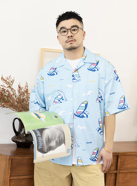 韦恩泽维尔大码蓝色花衬衫男短袖度假风户外速干透气古巴领薄8813