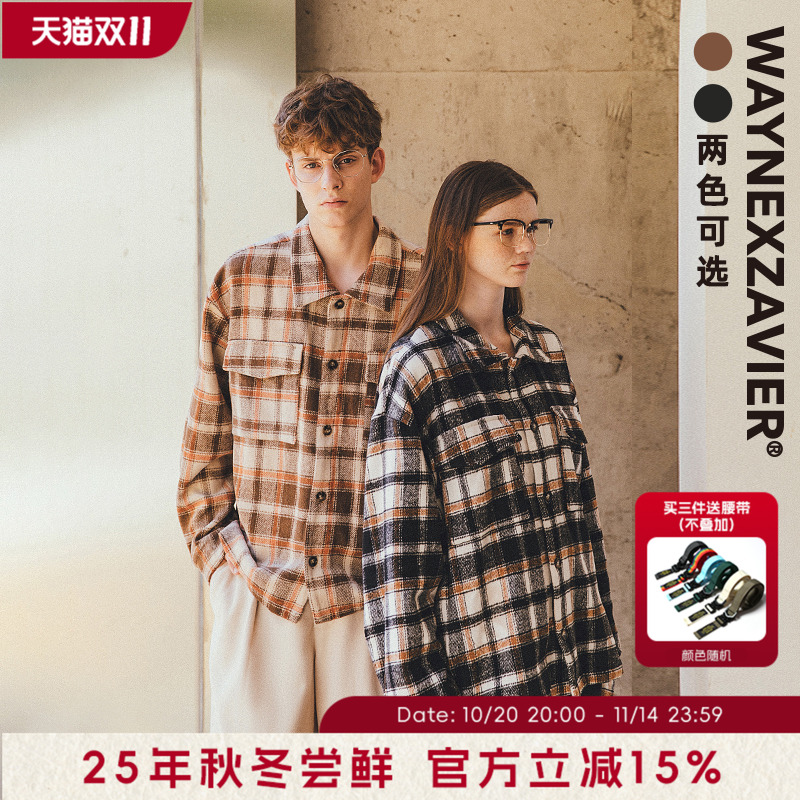 韦恩泽维尔大码格纹衬衫外套男商务秋冬季宽松毛绒款高街夹克7946