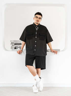 韦恩泽维尔轻商务大码衬衫男短袖夏季宽松设计感拼接条纹衬衣8158