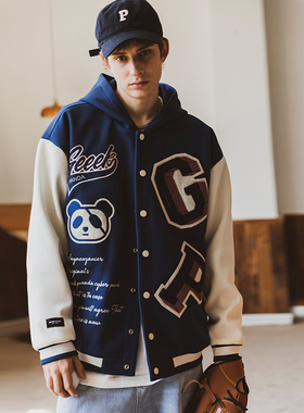 韦恩泽维尔潮牌美式复古连帽棒球服夹克男大码秋季呢子短外套7990