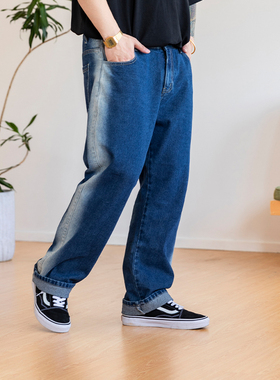 韦恩泽维尔潮牌大码水洗牛仔裤男夏季高街休闲宽松直筒长裤子8203