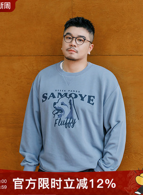 韦恩泽维尔加肥加大宽松大码圆领卡通印花灰蓝休闲打底卫衣男9026