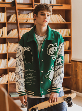 韦恩泽维尔KUPAJI联名棒球服大码男秋冬绿色毛呢拼接短外套潮8045