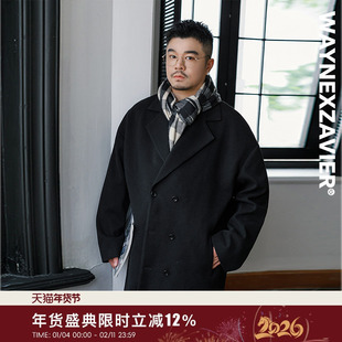 韦恩泽维尔大码中长款毛呢大衣男宽松双排扣韩式风衣呢子外套8917