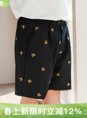 韦恩泽维尔加肥加大宽松大码男装半松紧腰绣花休闲显瘦短裤9155